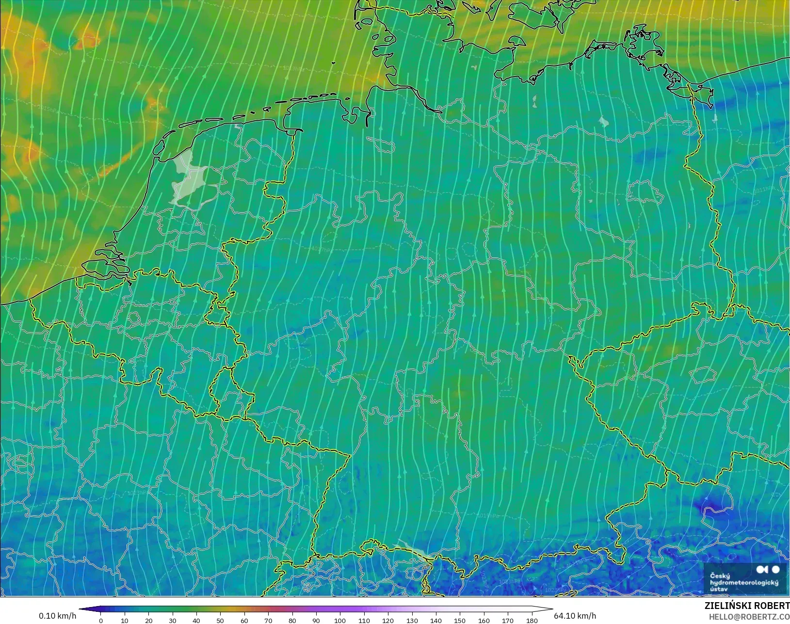 ALADIN CZ 2.3 km modelo - Alemania, Viento a 10 m