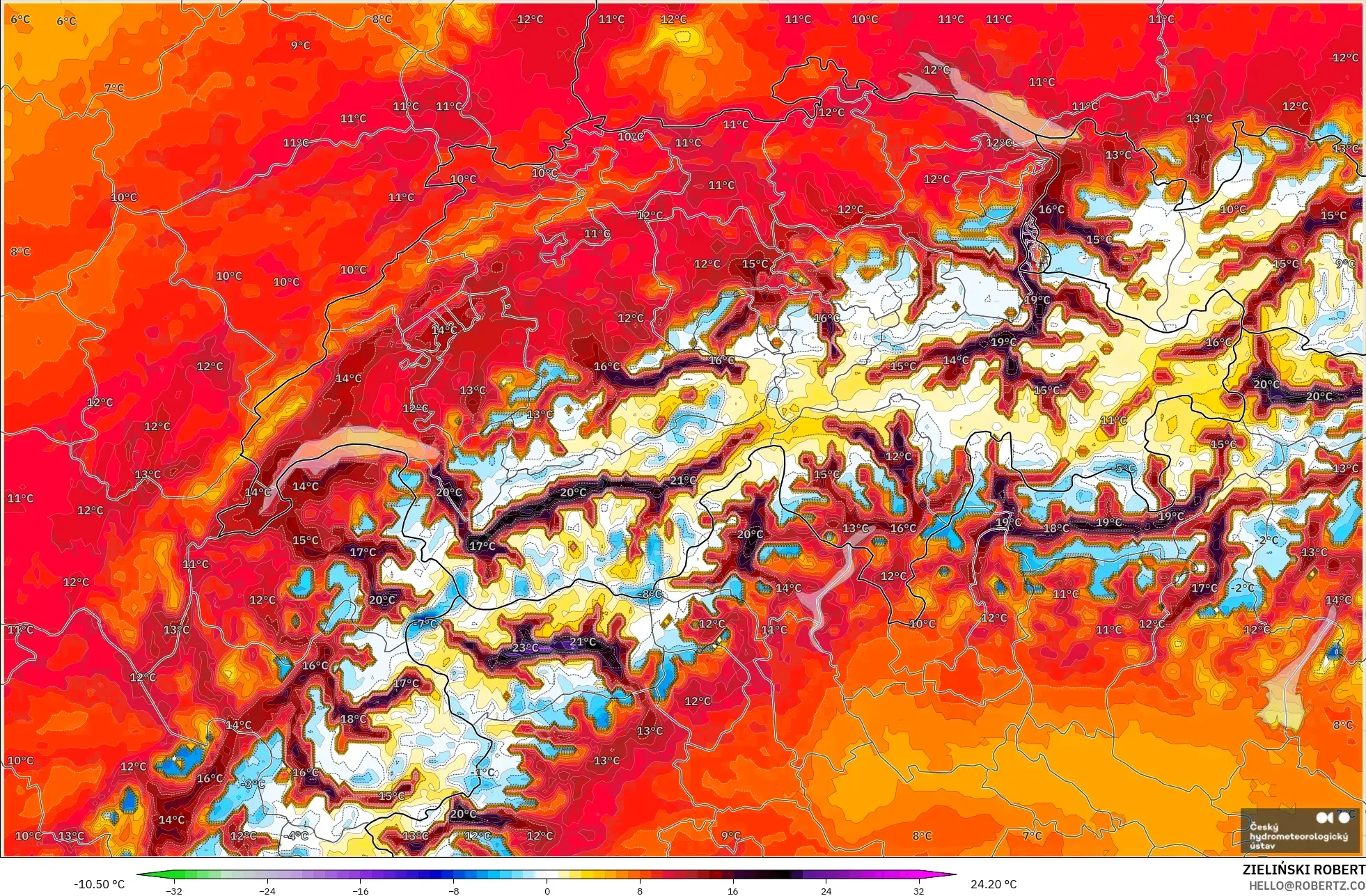 ALADIN CZ 2.3 km modelo - Suiza, Anomalía de temperatura a 2 m
