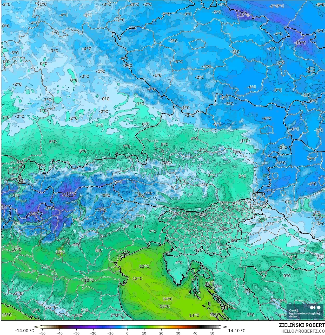 ALADIN CZ 2.3 km modelo - Austria, Punto de rocío a 2 m