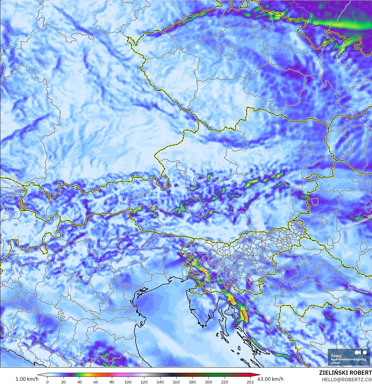 ALADIN CZ 2.3 km modelo - Austria, Ráfagas de Viento Máximas
