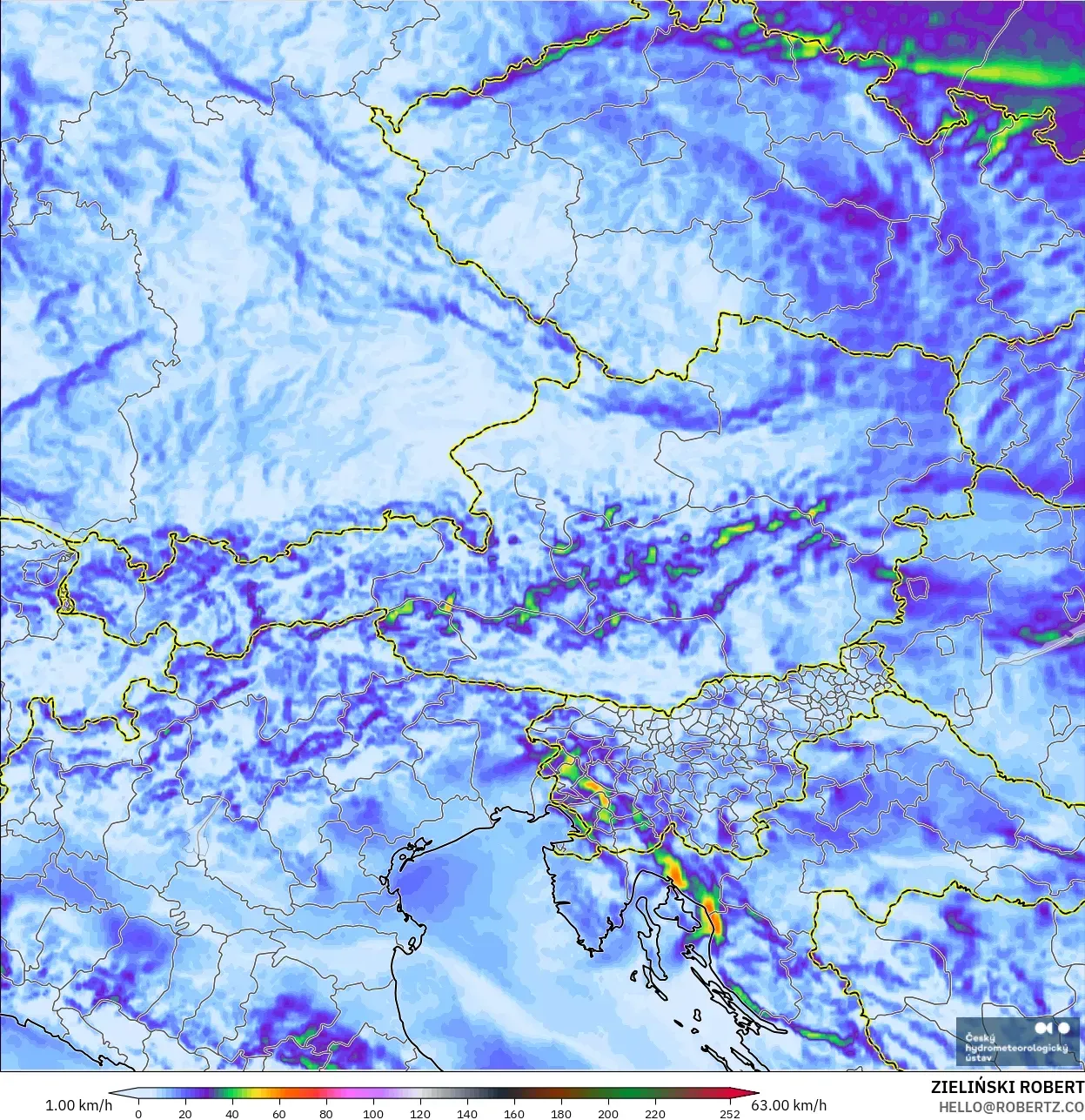 ALADIN CZ 2.3 km modelo - Austria, Ráfagas de viento