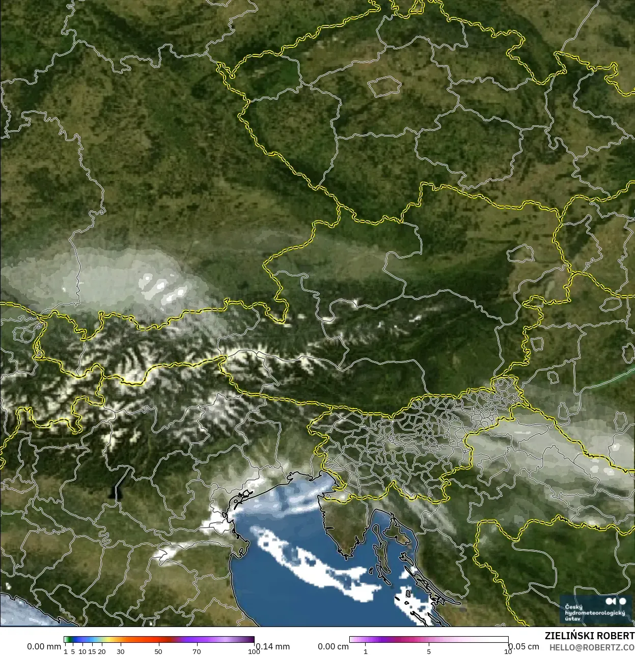 ALADIN CZ 2.3 km modelo - Austria, Precipitación, nubes y presión