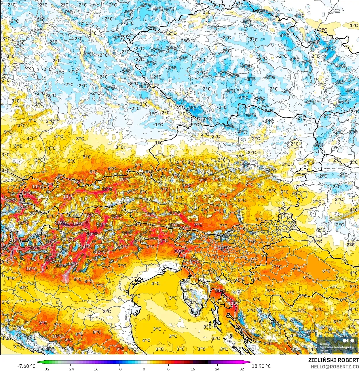 ALADIN CZ 2.3 km modelo - Austria, Anomalía de temperatura a 2 m