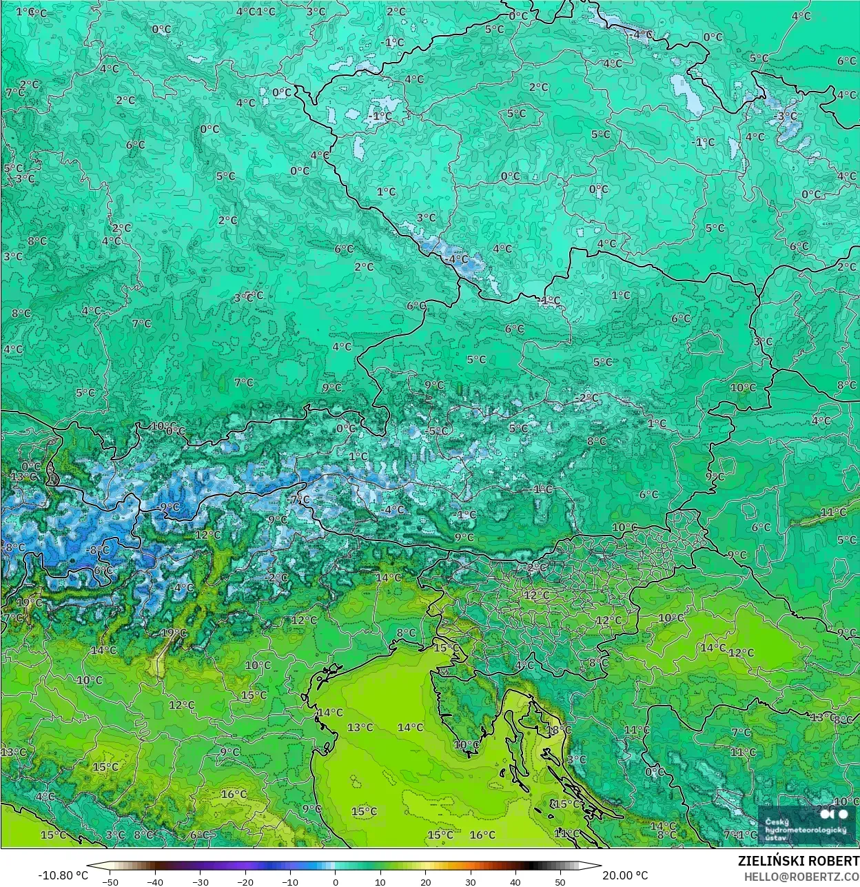 ALADIN CZ 2.3 km modelo - Austria, Temperatura a 2 m