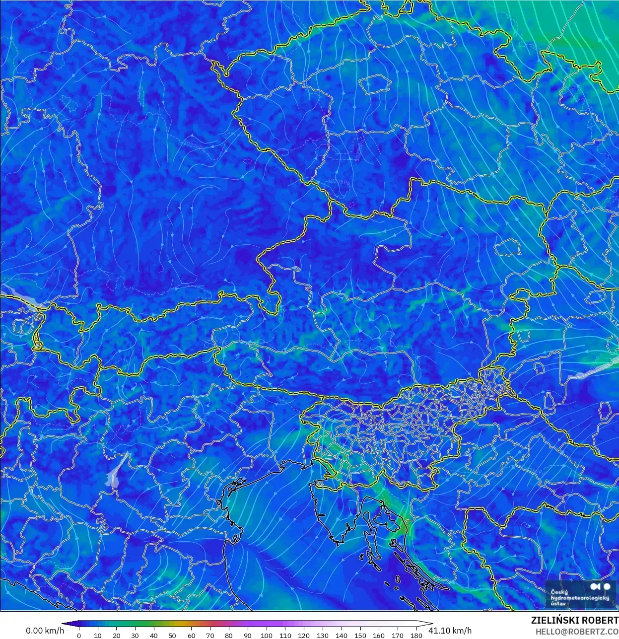 ALADIN CZ 2.3 km modelo - Austria, Viento a 10 m