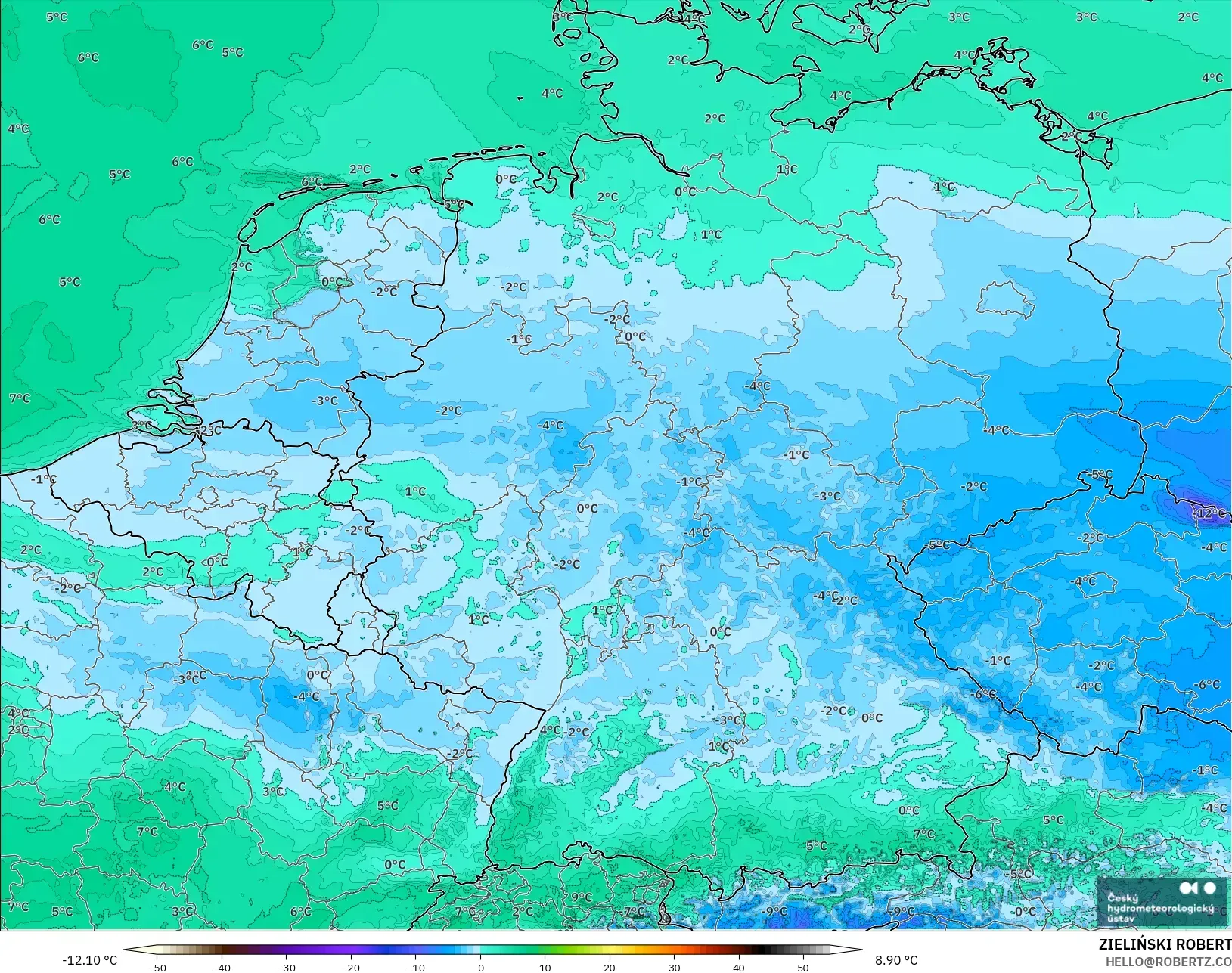 ALADIN CZ 2.3 km modelo - Alemania, Punto de rocío a 2 m