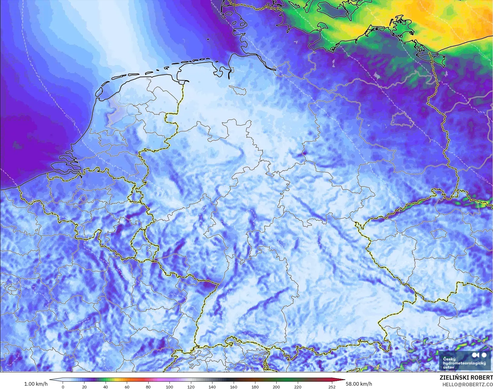 ALADIN CZ 2.3 km modelo - Alemania, Ráfagas de Viento Máximas