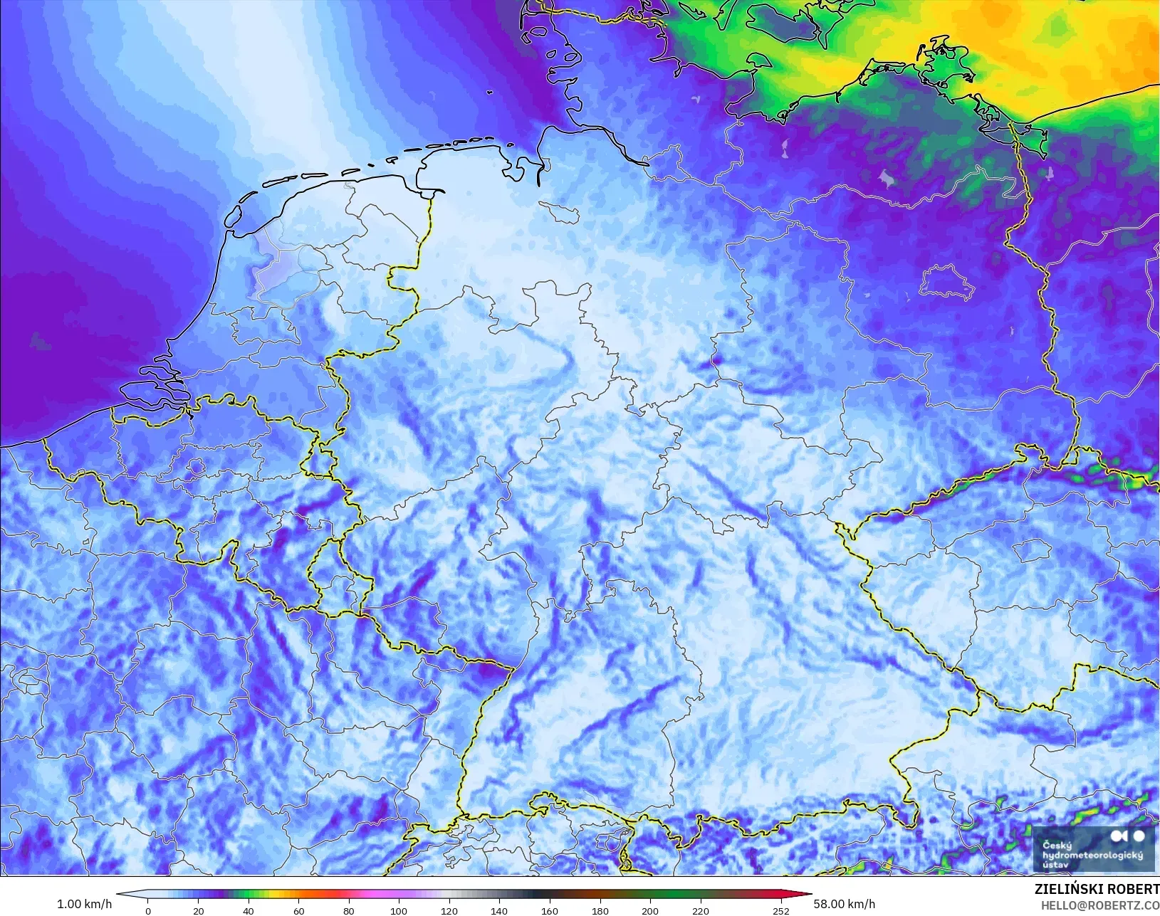 ALADIN CZ 2.3 km modelo - Alemania, Ráfagas de viento