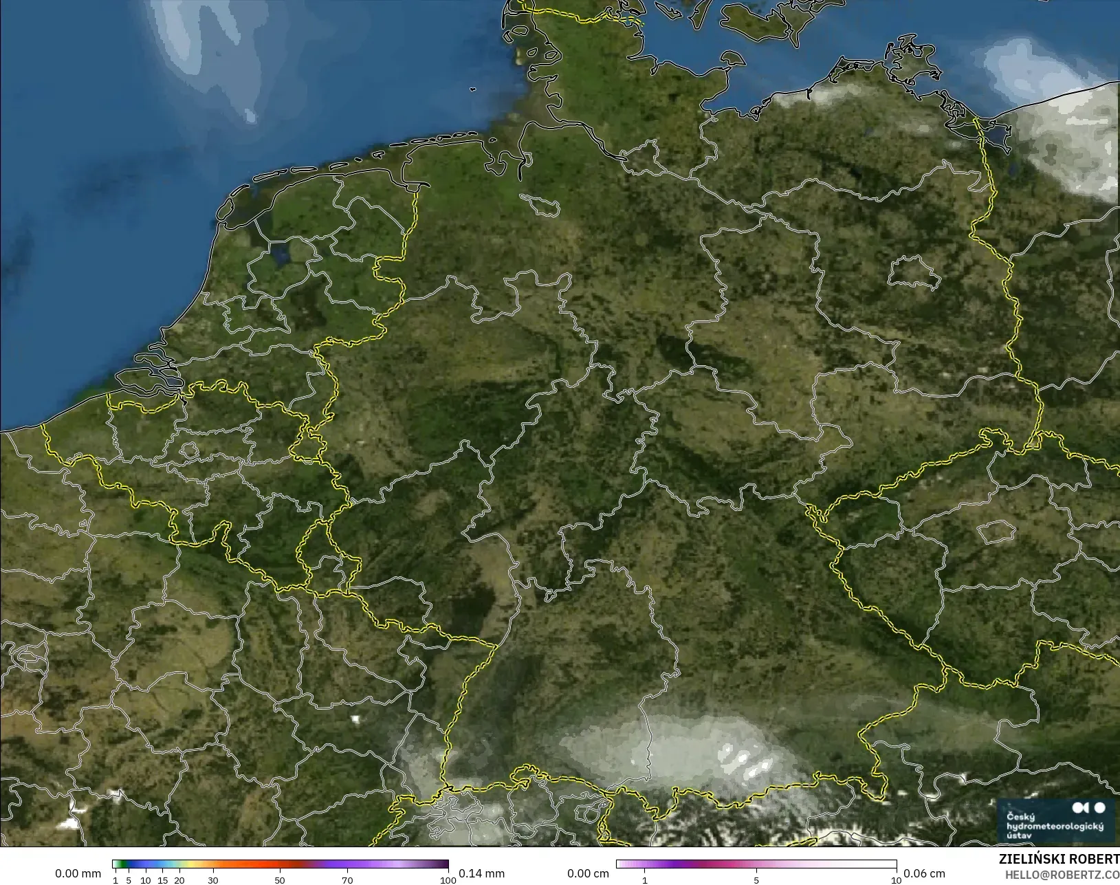 ALADIN CZ 2.3 km modelo - Alemania, Precipitación, nubes y presión