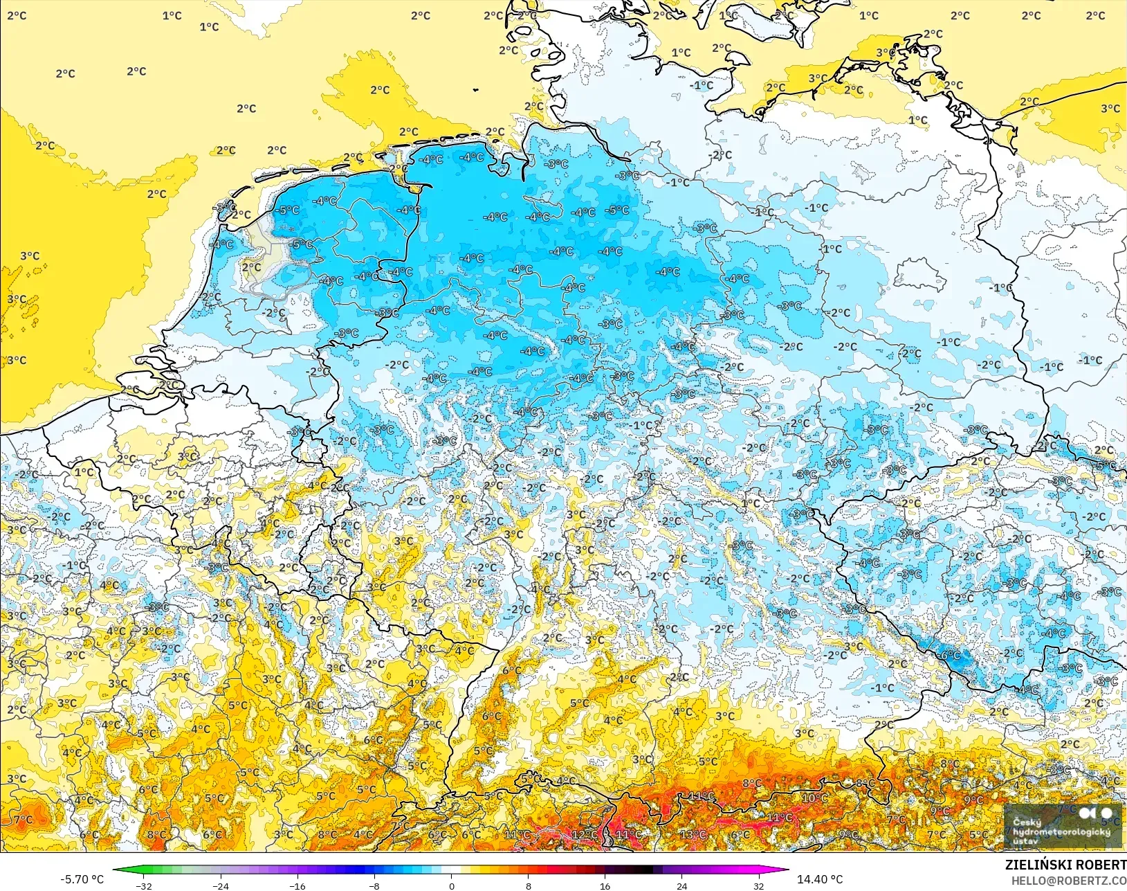 ALADIN CZ 2.3 km modelo - Alemania, Anomalía de temperatura a 2 m