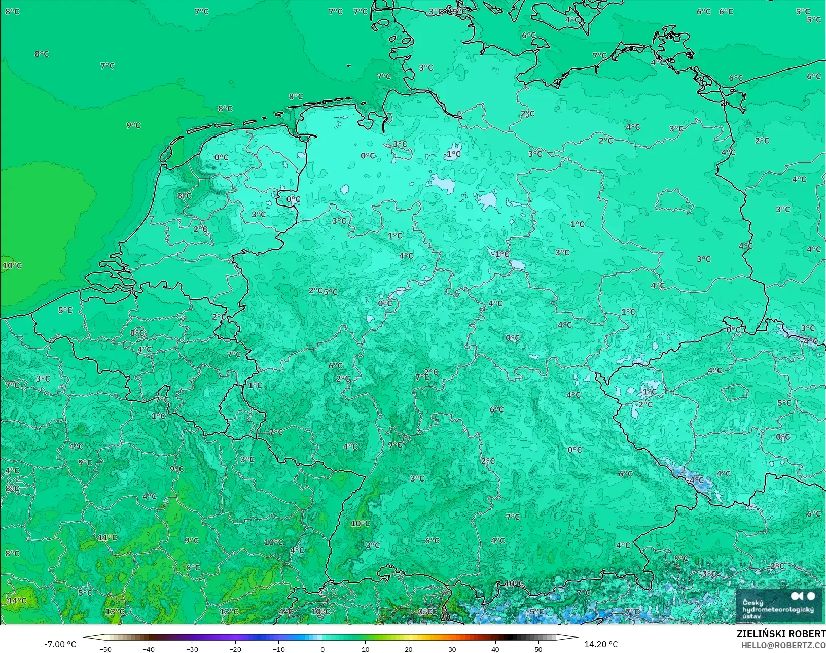 ALADIN CZ 2.3 km modelo - Alemania, Temperatura a 2 m