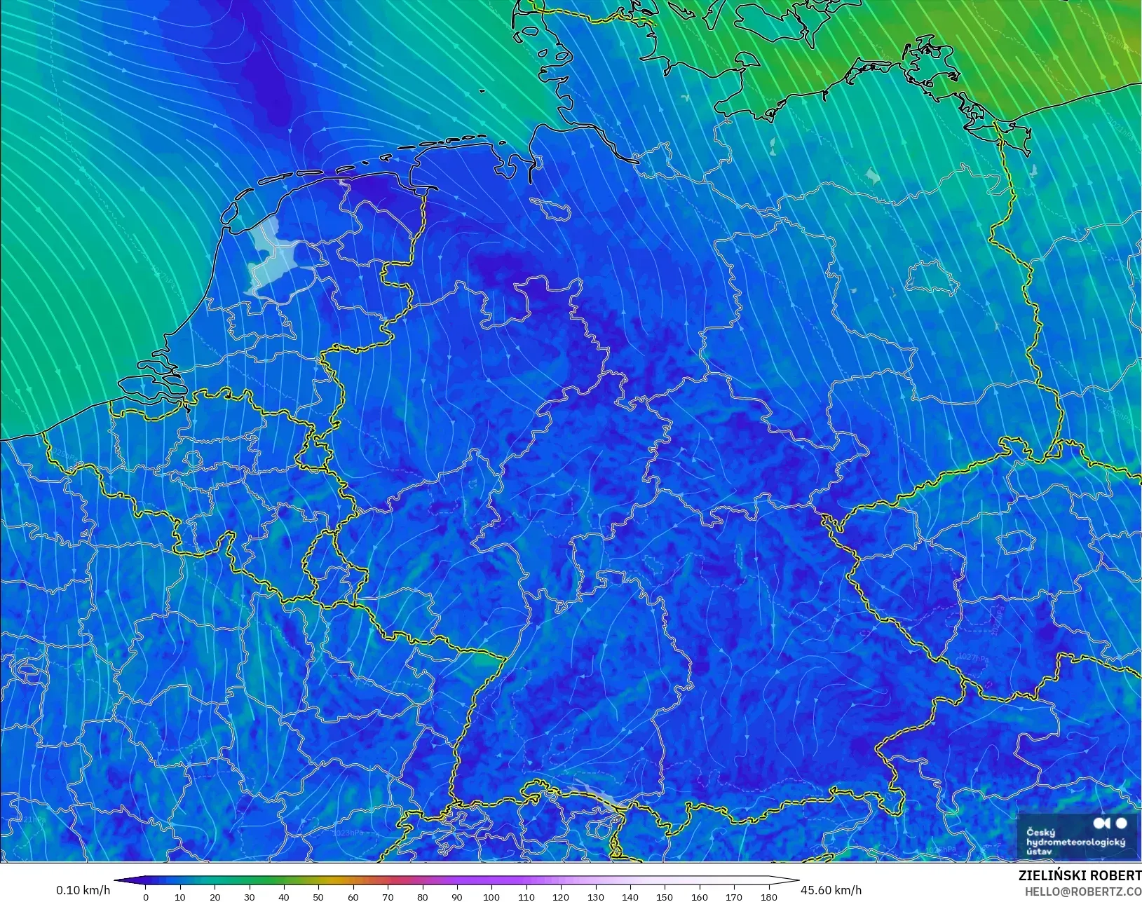 ALADIN CZ 2.3 km modelo - Alemania, Viento a 10 m