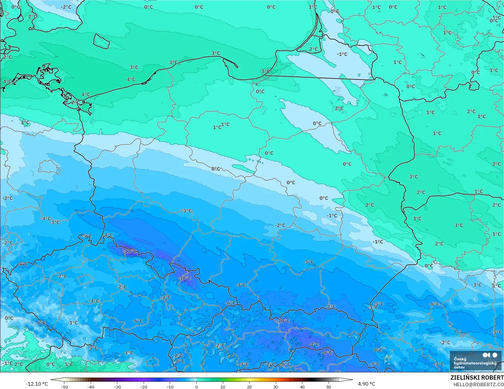 ALADIN CZ 2.3 km modelo - Polonia, Punto de rocío a 2 m
