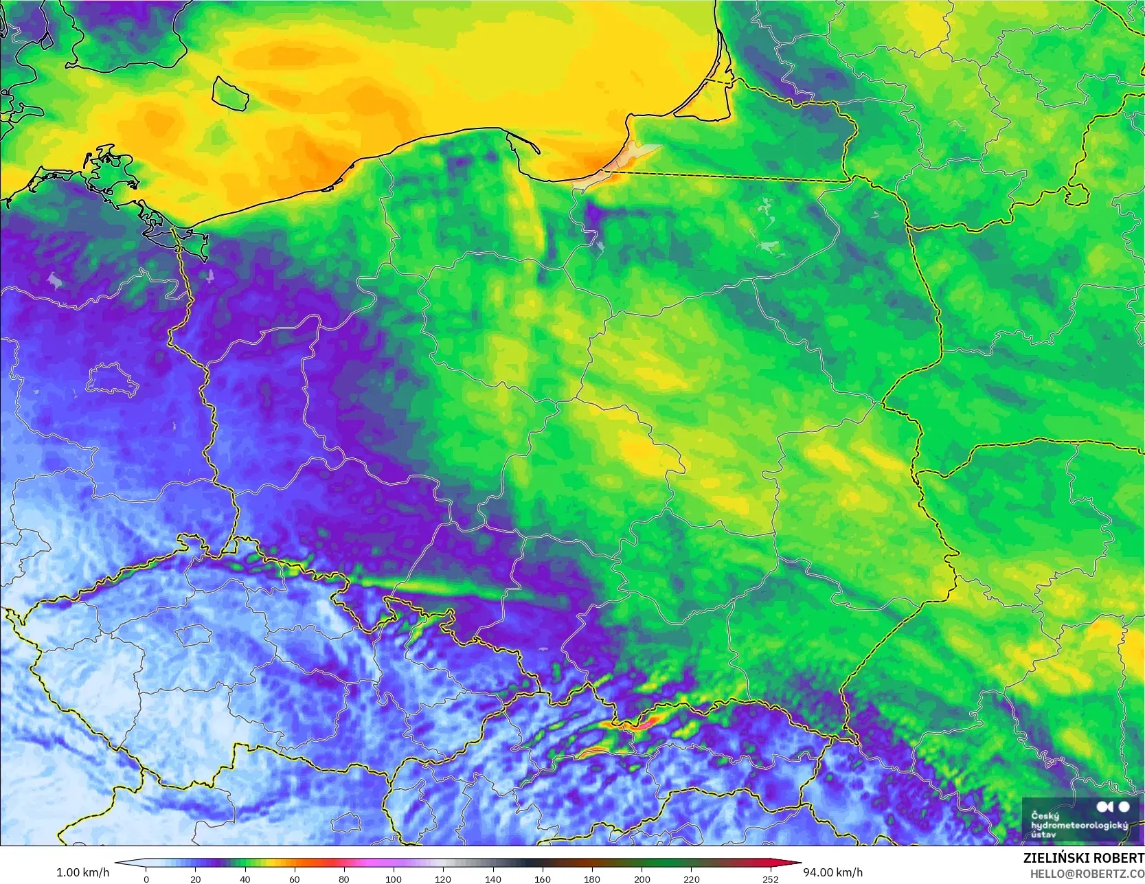 ALADIN CZ 2.3 km modelo - Polonia, Ráfagas de viento