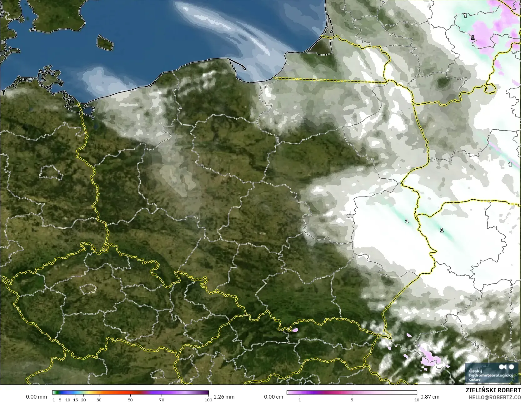 ALADIN CZ 2.3 km modelo - Polonia, Precipitación, nubes y presión