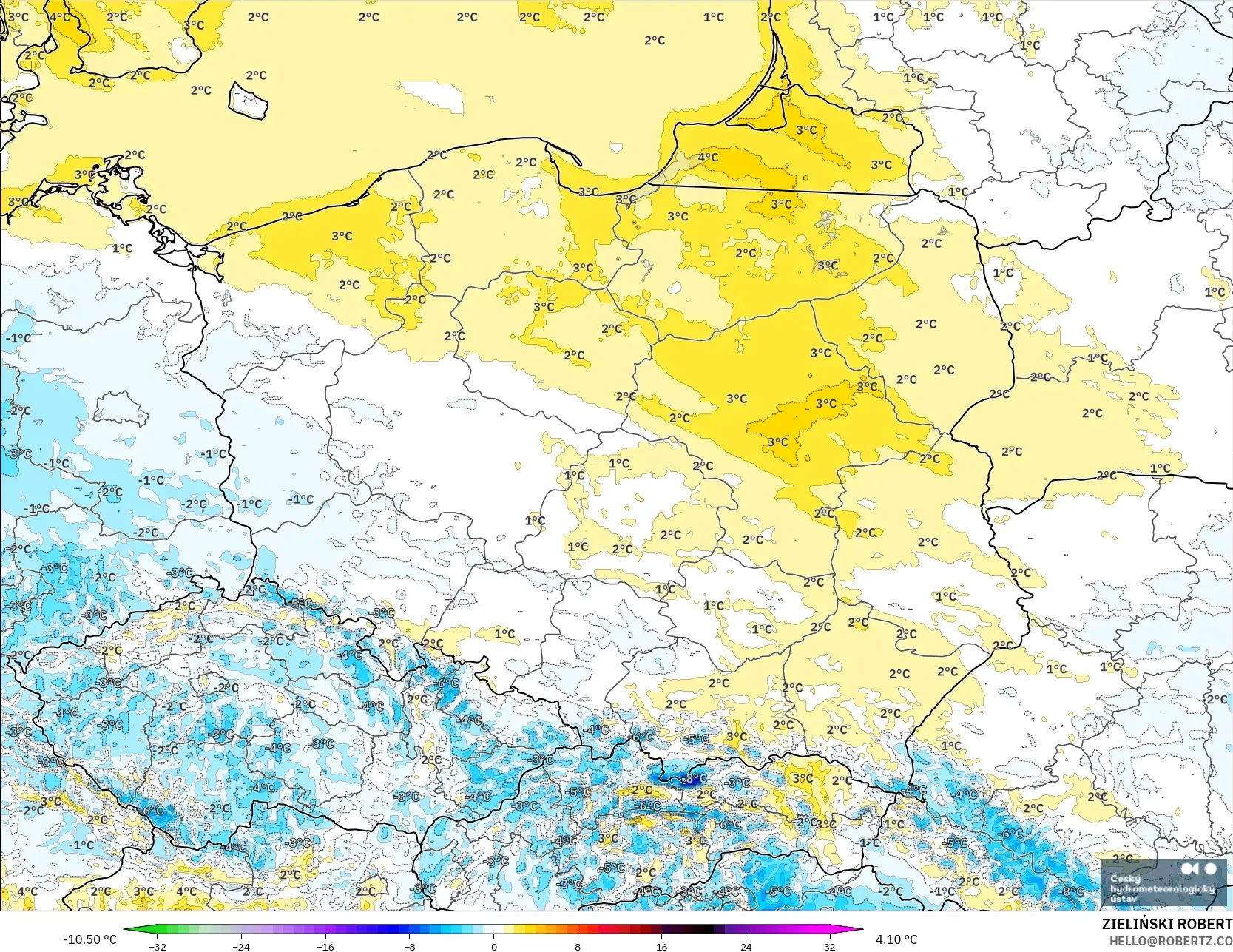 ALADIN CZ 2.3 km modelo - Polonia, Anomalía de temperatura a 2 m