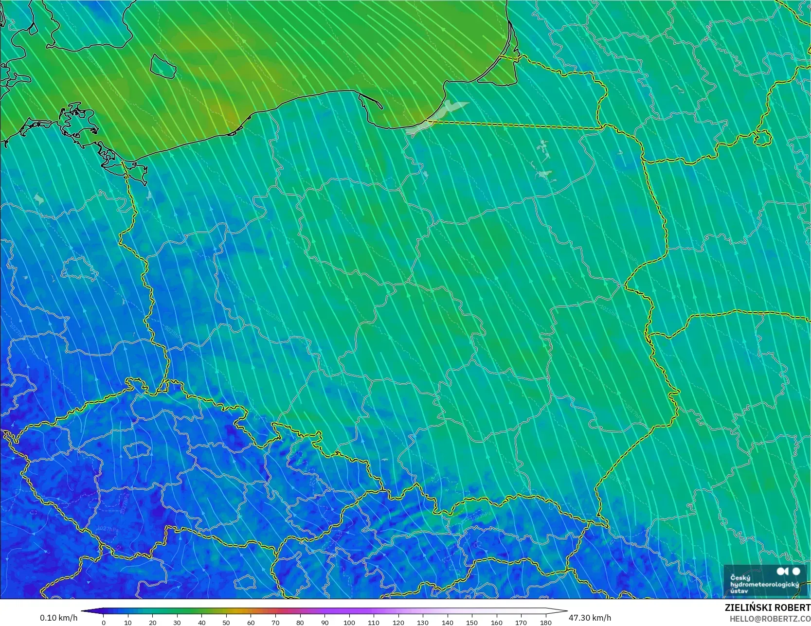ALADIN CZ 2.3 km modelo - Polonia, Viento a 10 m