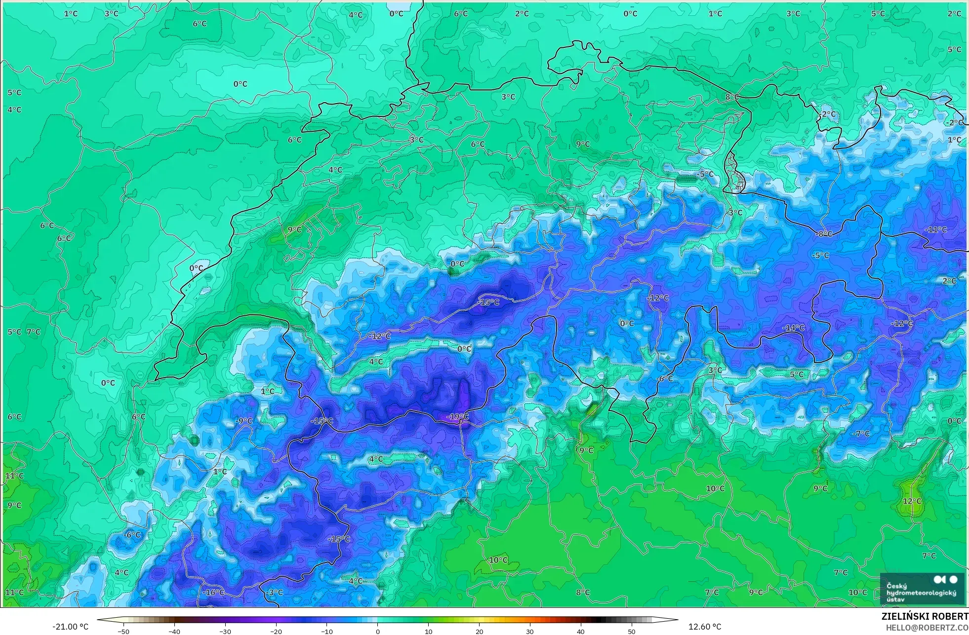 ALADIN CZ 2.3 km modelo - Suiza, Punto de rocío a 2 m