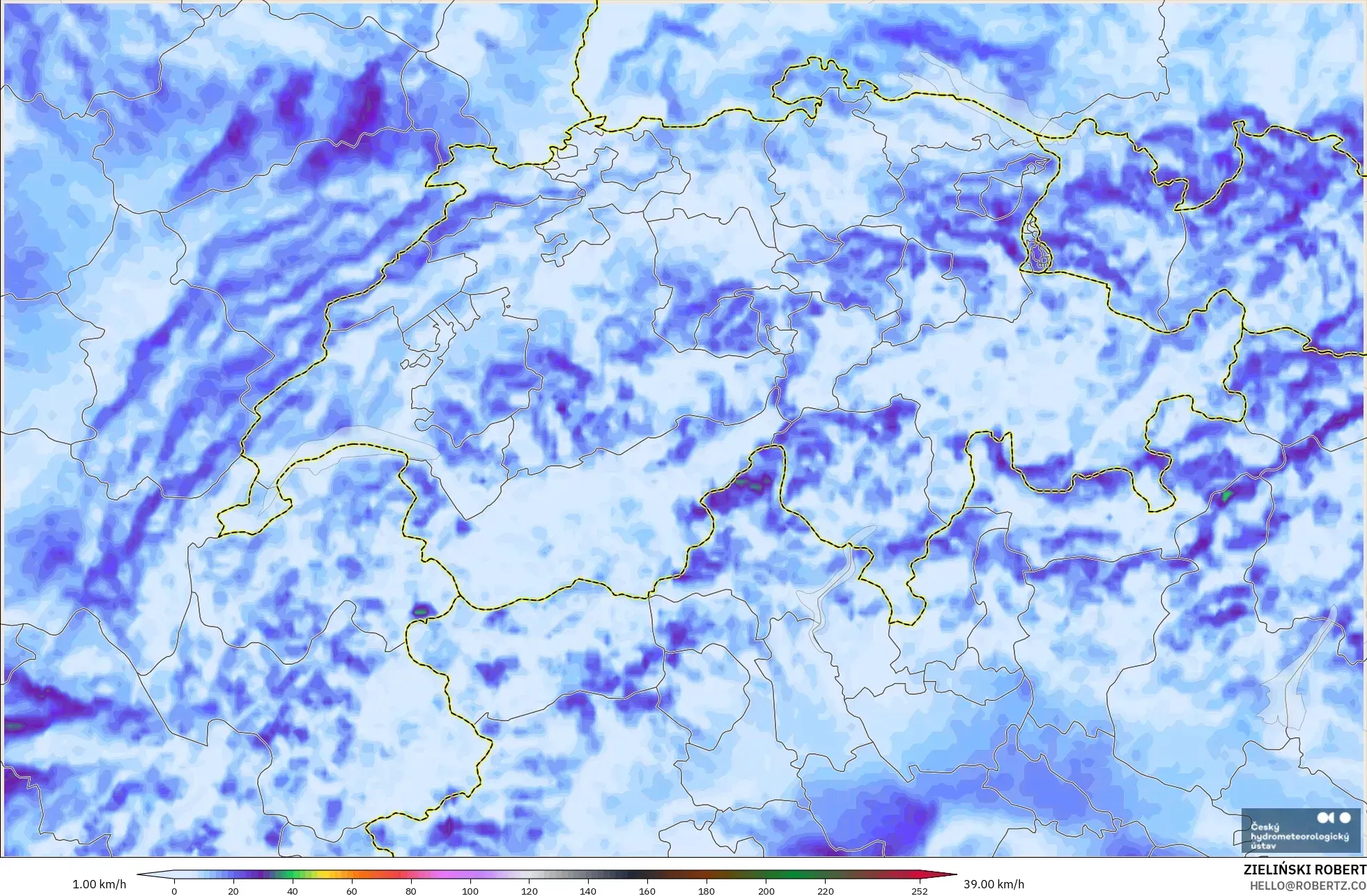 ALADIN CZ 2.3 km modelo - Suiza, Ráfagas de viento