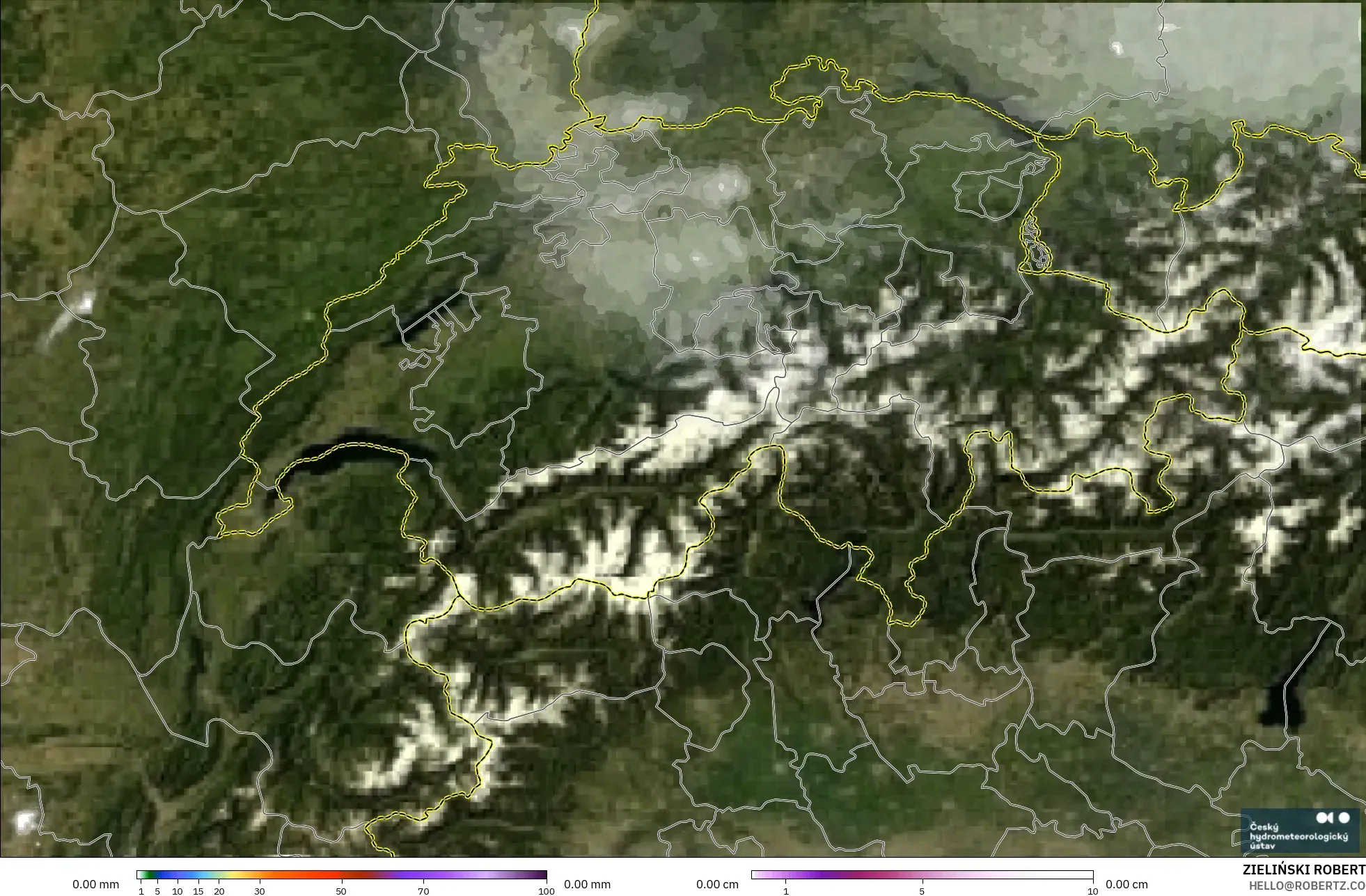 ALADIN CZ 2.3 km modelo - Suiza, Precipitación, nubes y presión
