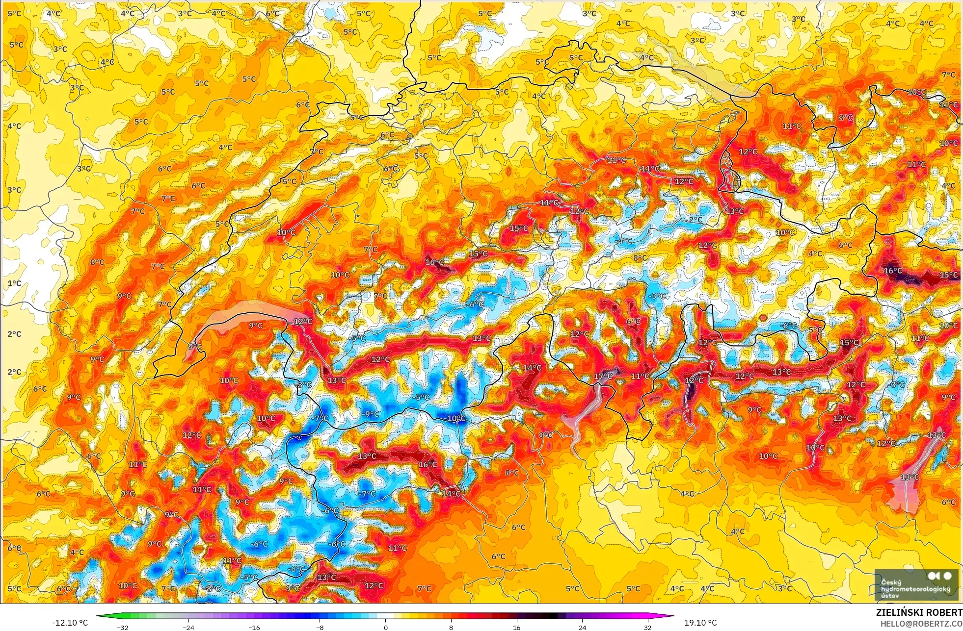 ALADIN CZ 2.3 km modelo - Suiza, Anomalía de temperatura a 2 m
