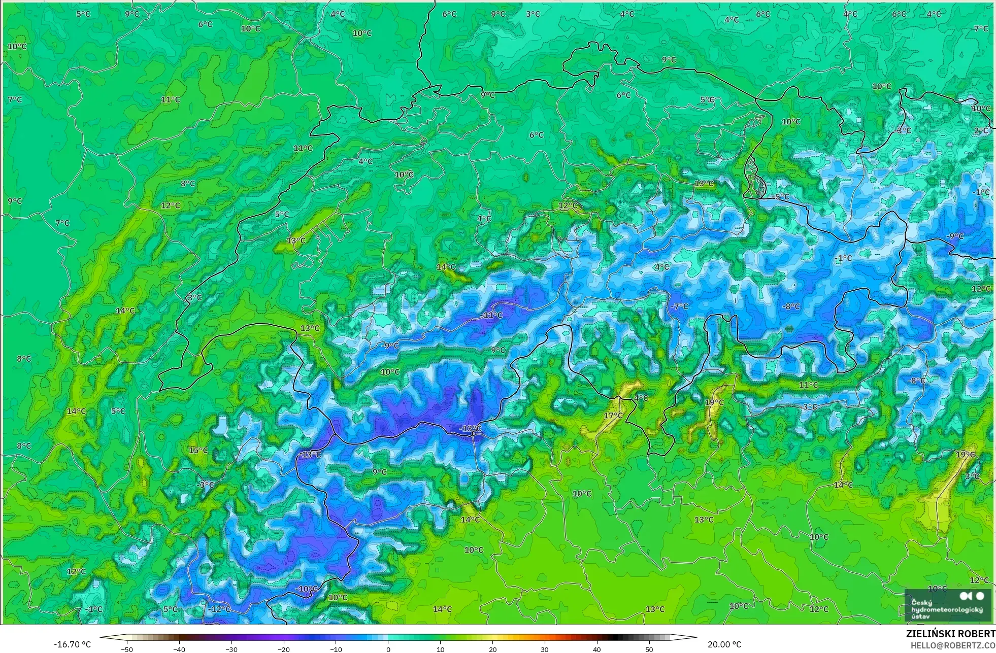 ALADIN CZ 2.3 km modelo - Suiza, Temperatura a 2 m