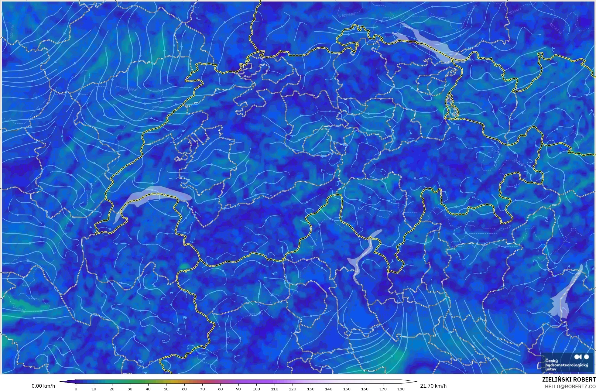 ALADIN CZ 2.3 km modelo - Suiza, Viento a 10 m