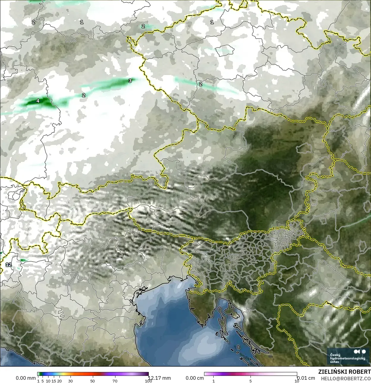 ALADIN CZ 2.3 km modelo - Austria, Precipitación, nubes y presión