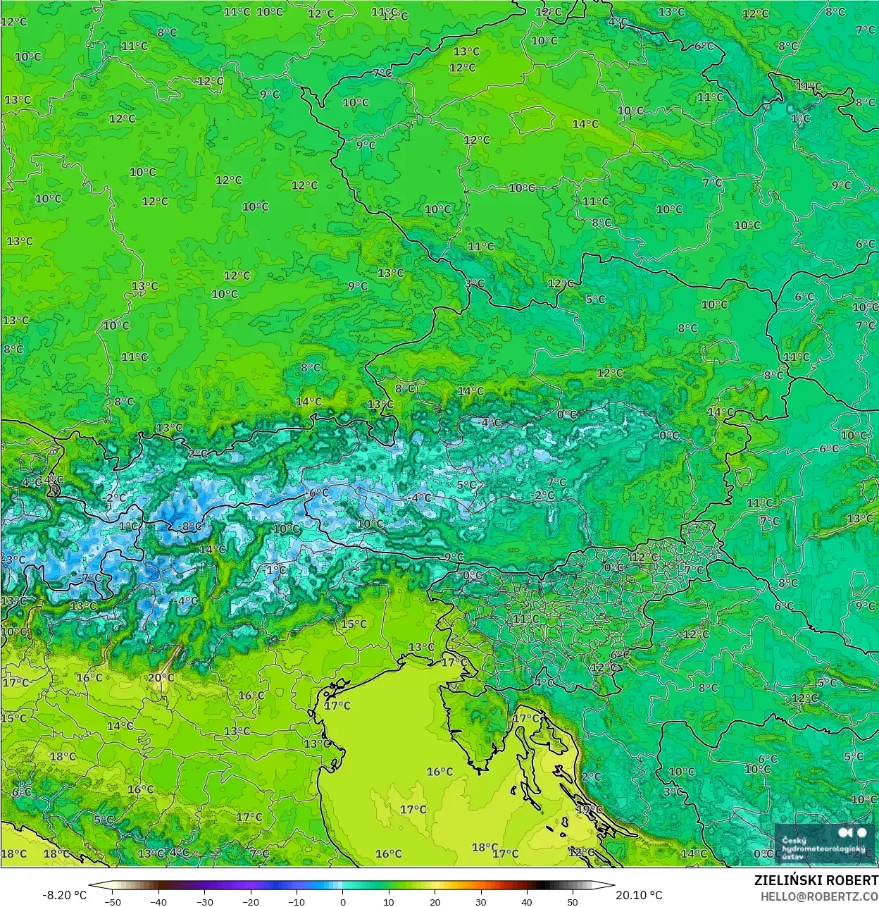 ALADIN CZ 2.3 km modelo - Austria, Temperatura a 2 m