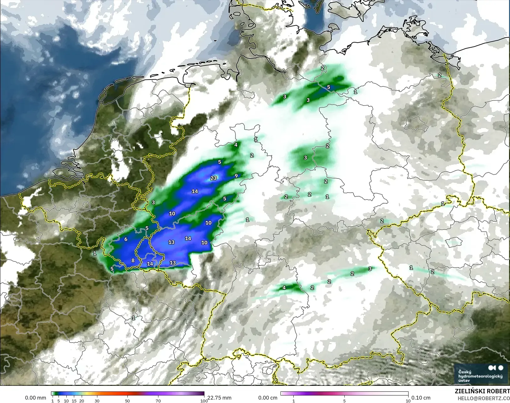 ALADIN CZ 2.3 km modelo - Alemania, Precipitación, nubes y presión