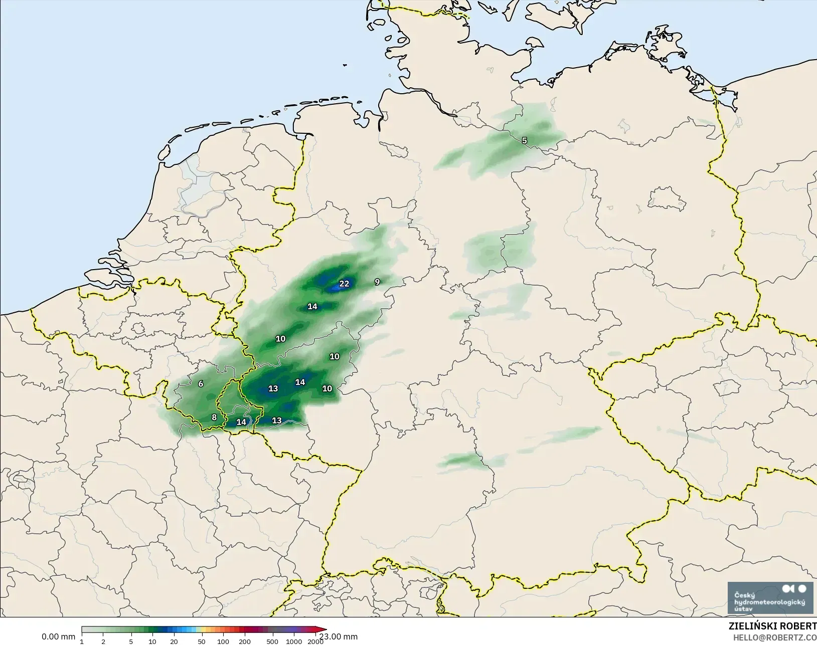 ALADIN CZ 2.3 km modelo - Alemania, Acumulación de precipitación