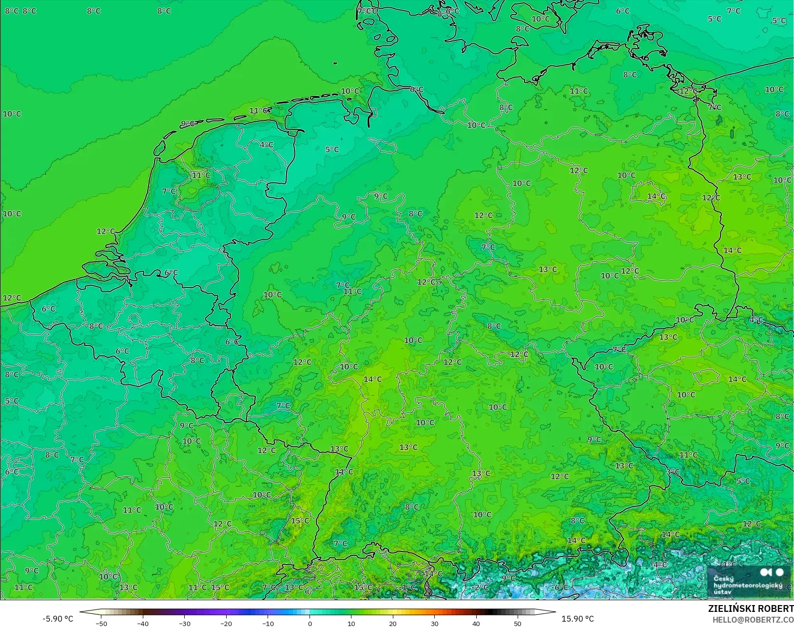 ALADIN CZ 2.3 km modelo - Alemania, Temperatura a 2 m