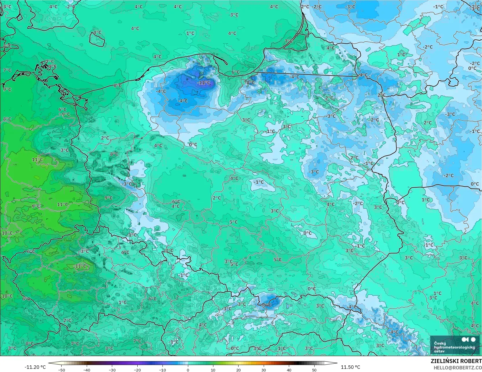 ALADIN CZ 2.3 km modelo - Polonia, Punto de rocío a 2 m