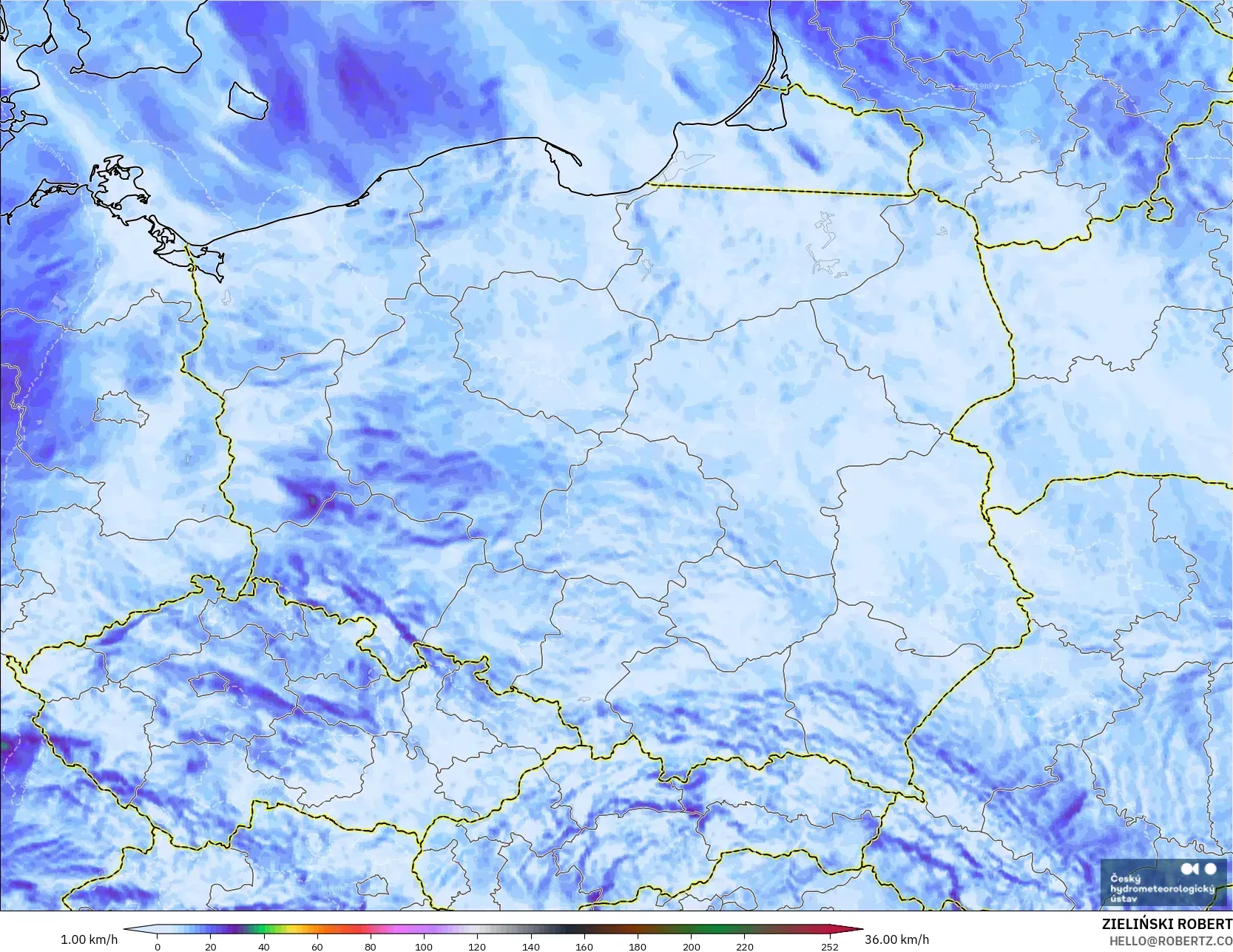 ALADIN CZ 2.3 km modelo - Polonia, Ráfagas de Viento Máximas