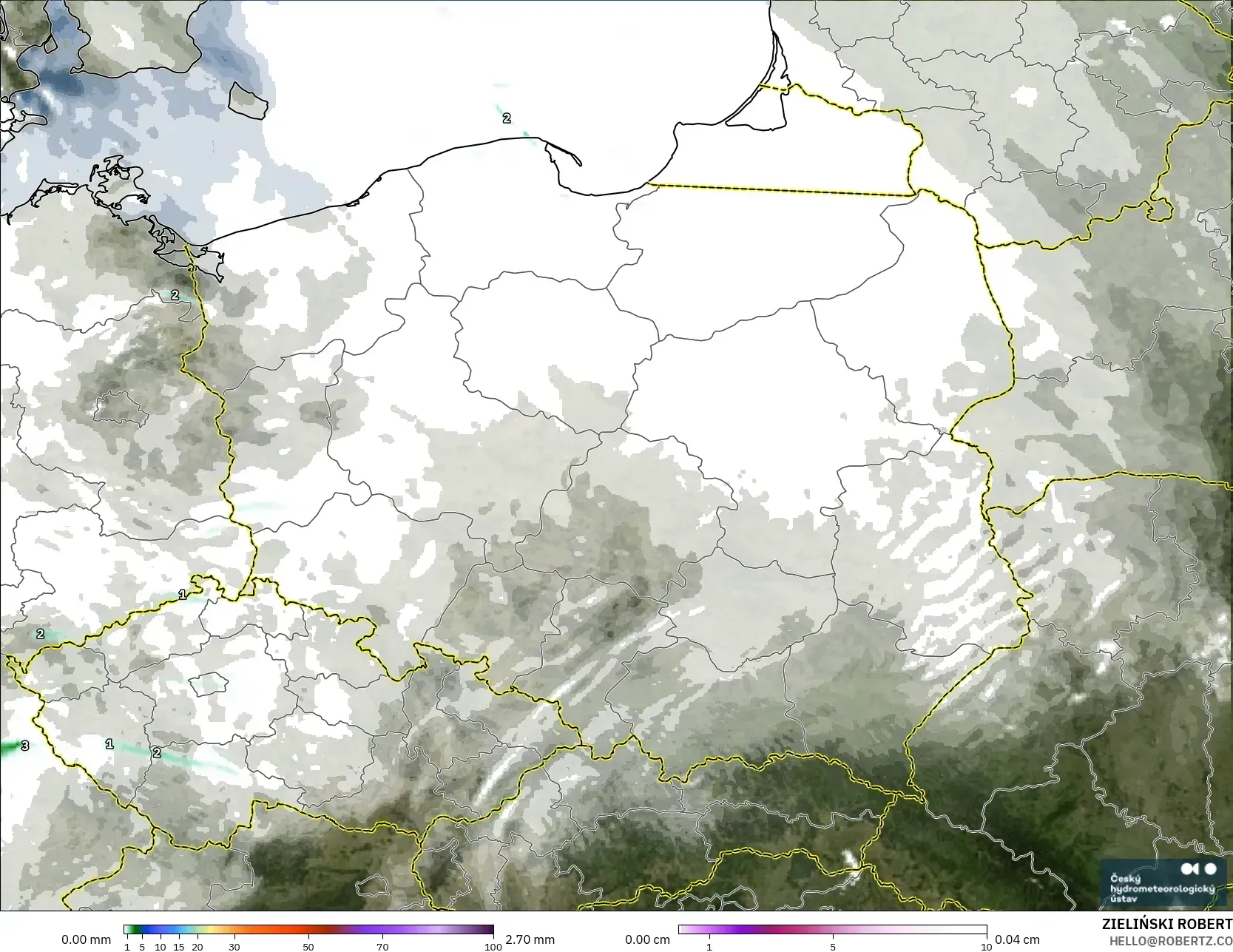 ALADIN CZ 2.3 km modelo - Polonia, Precipitación, nubes y presión