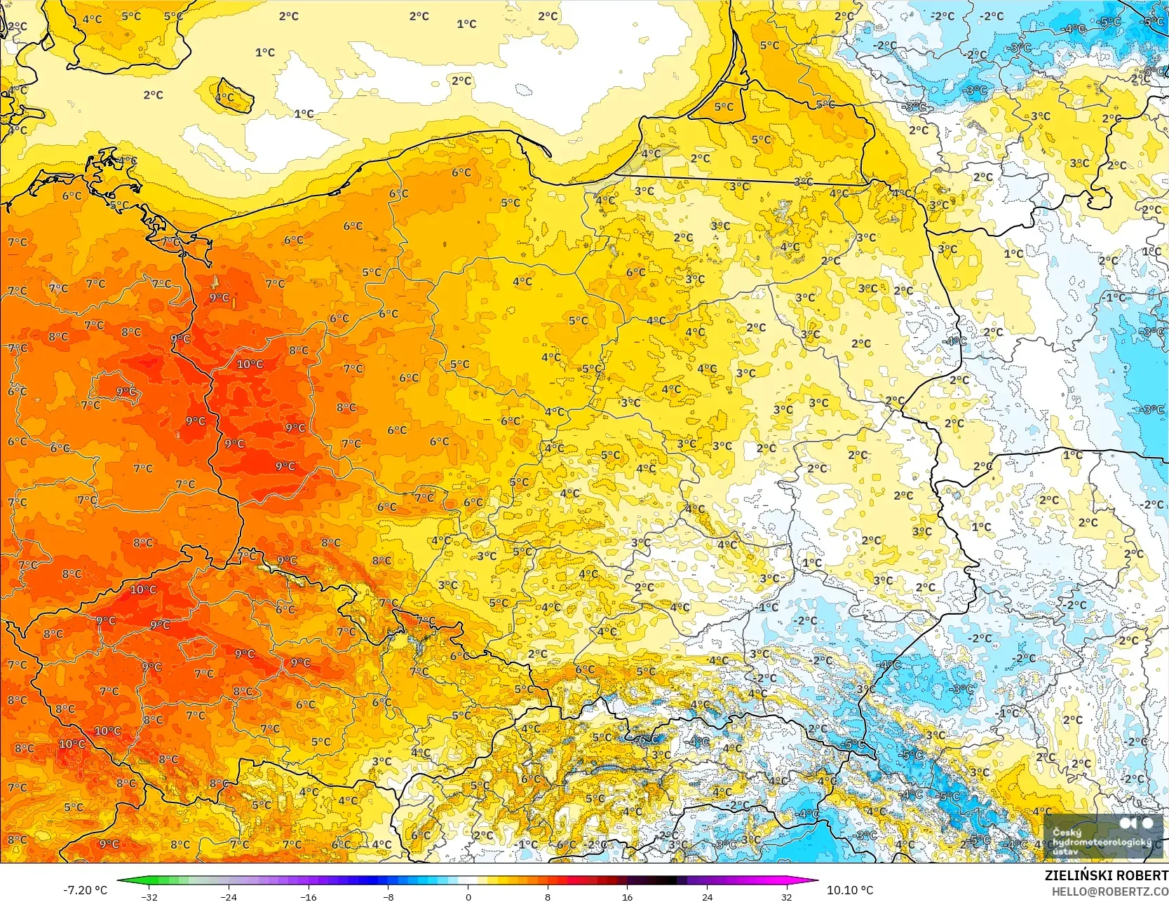 ALADIN CZ 2.3 km modelo - Polonia, Anomalía de temperatura a 2 m