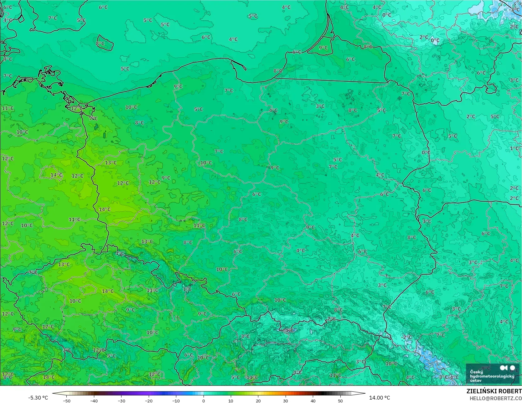 ALADIN CZ 2.3 km modelo - Polonia, Temperatura a 2 m