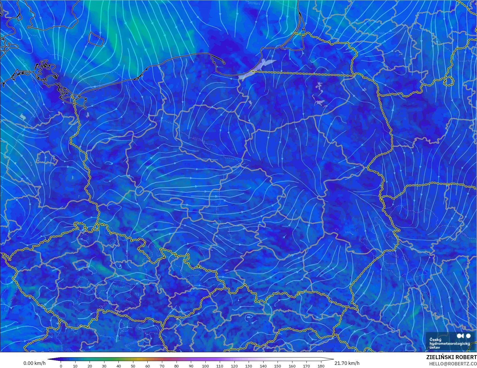 ALADIN CZ 2.3 km modelo - Polonia, Viento a 10 m