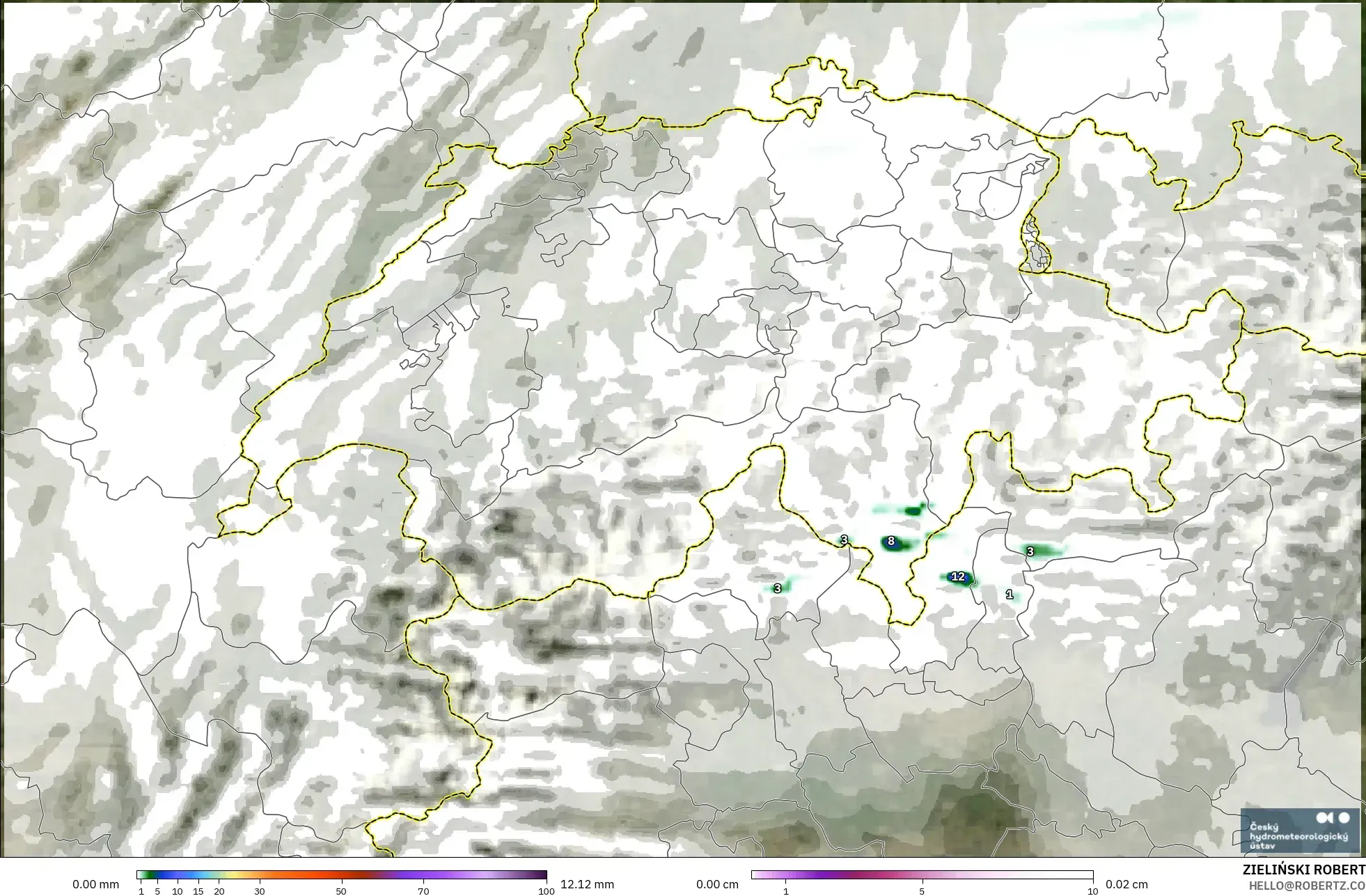 ALADIN CZ 2.3 km modelo - Suiza, Precipitación, nubes y presión