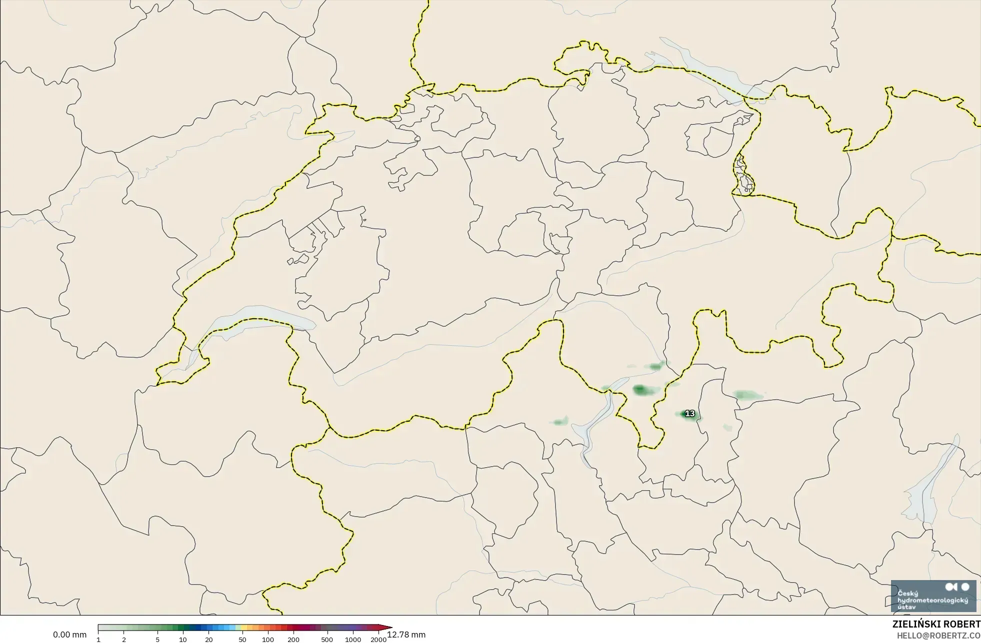 ALADIN CZ 2.3 km modelo - Suiza, Acumulación de precipitación