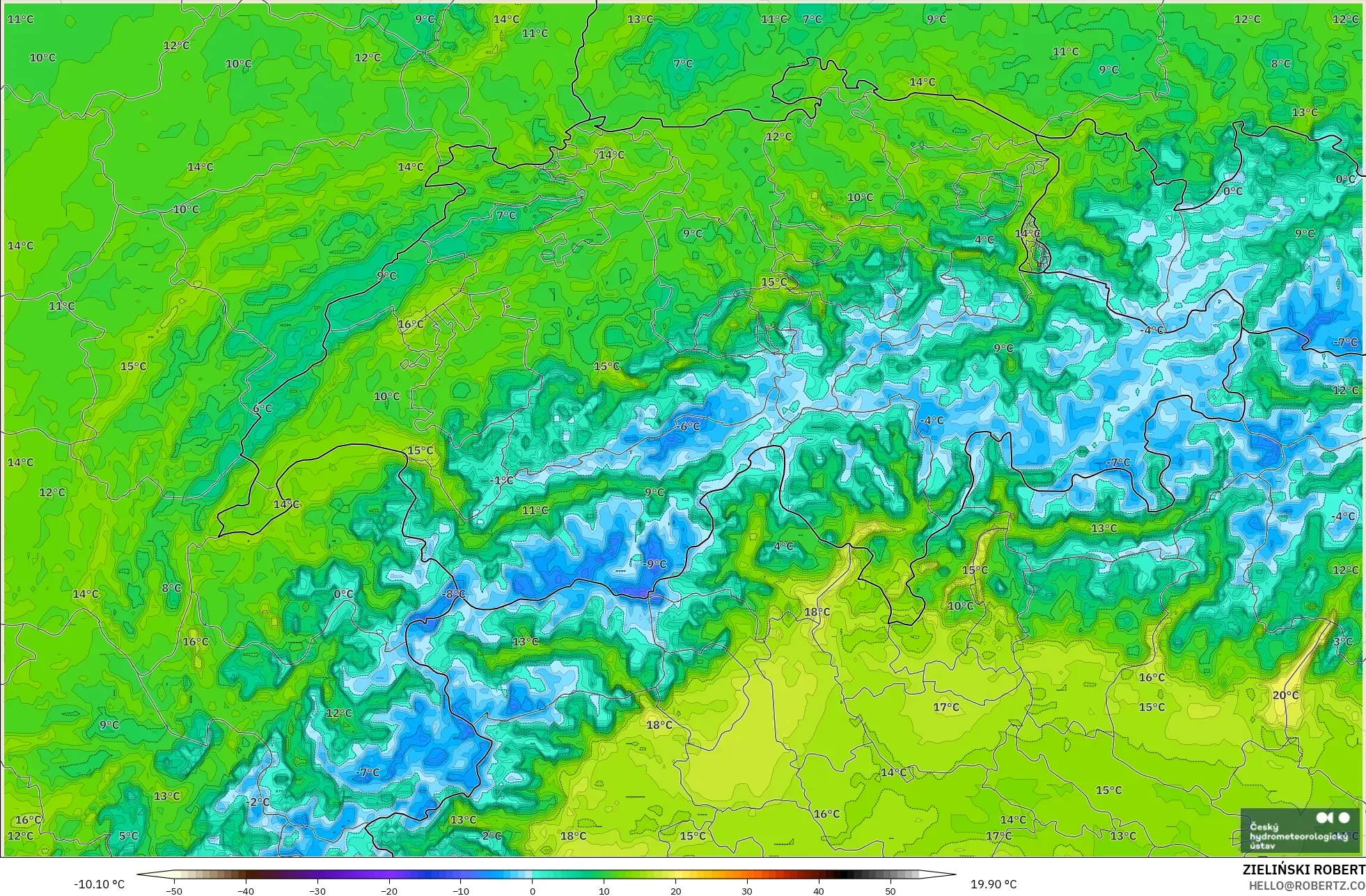 ALADIN CZ 2.3 km modelo - Suiza, Temperatura a 2 m