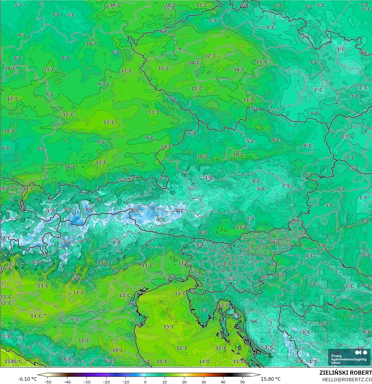 ALADIN CZ 2.3 km modelo - Austria, Punto de rocío a 2 m