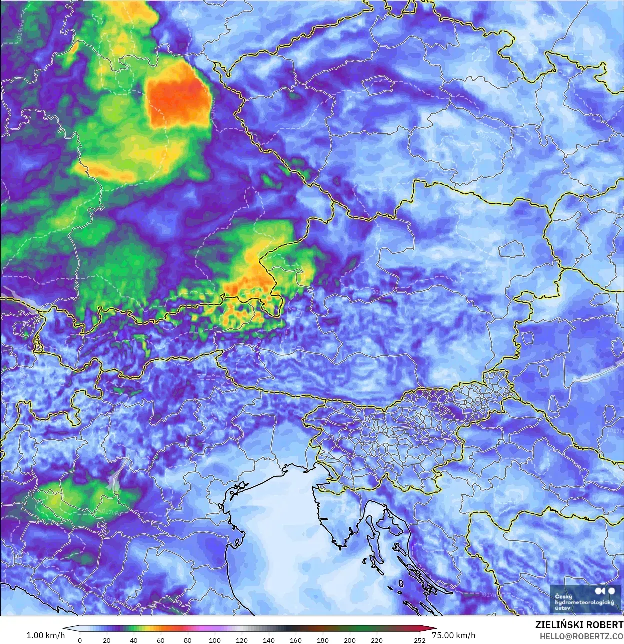 ALADIN CZ 2.3 km modelo - Austria, Ráfagas de Viento Máximas