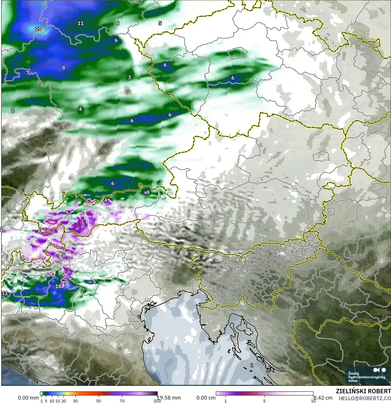 ALADIN CZ 2.3 km modelo - Austria, Precipitación, nubes y presión