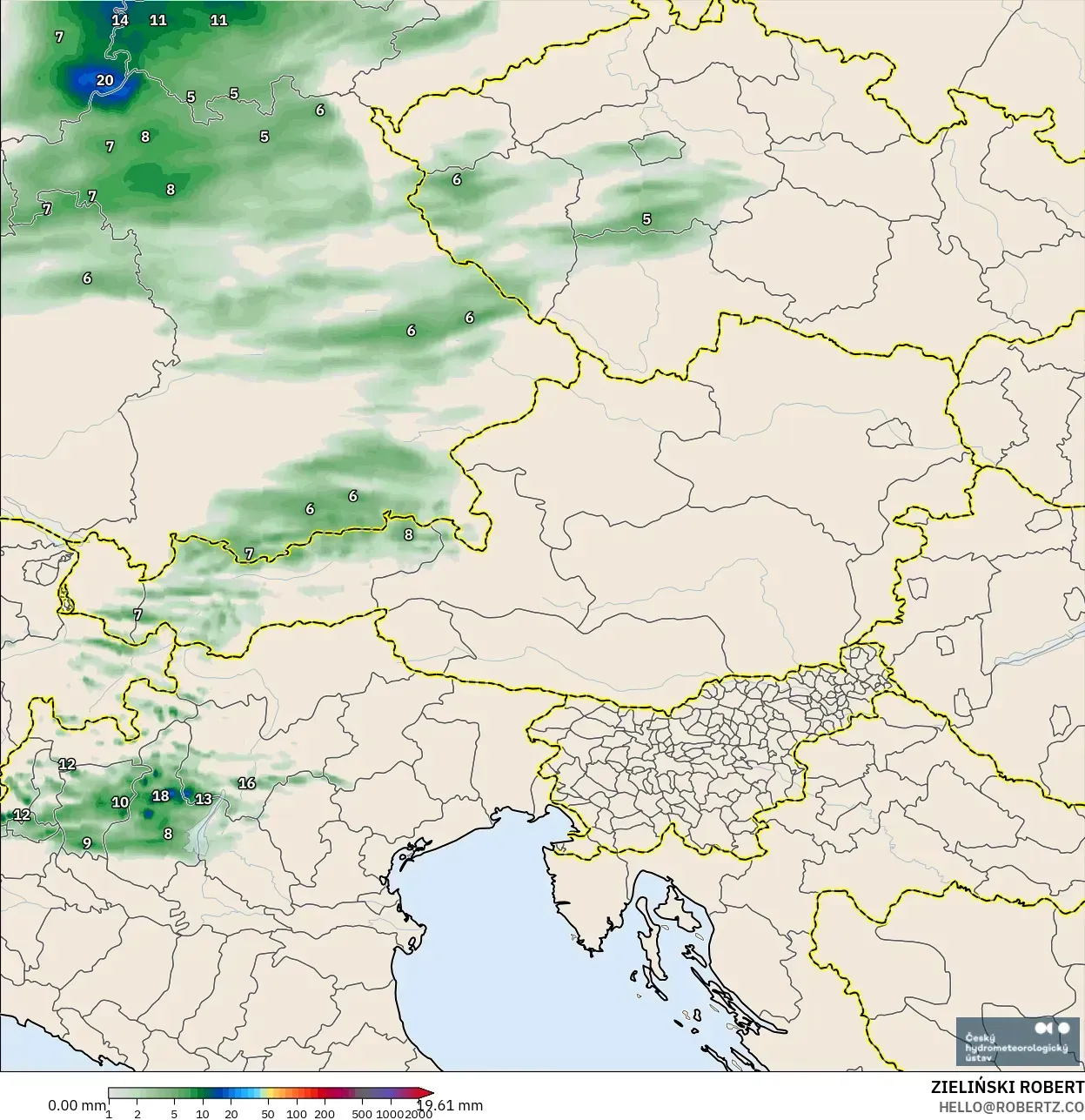 ALADIN CZ 2.3 km modelo - Austria, Acumulación de precipitación