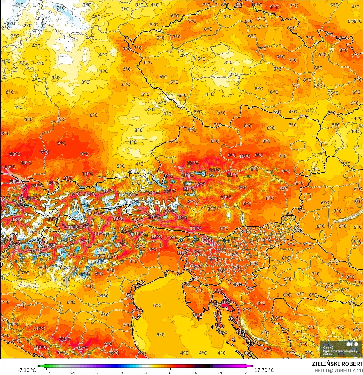 ALADIN CZ 2.3 km modelo - Austria, Anomalía de temperatura a 2 m