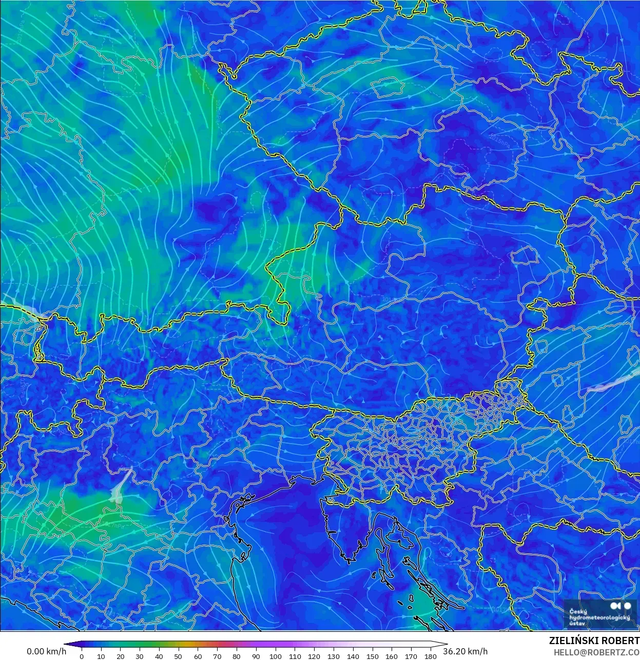 ALADIN CZ 2.3 km modelo - Austria, Viento a 10 m
