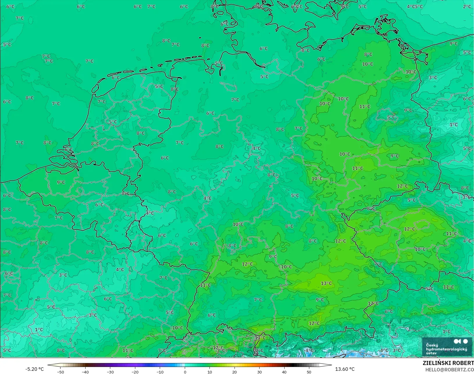 ALADIN CZ 2.3 km modelo - Alemania, Punto de rocío a 2 m
