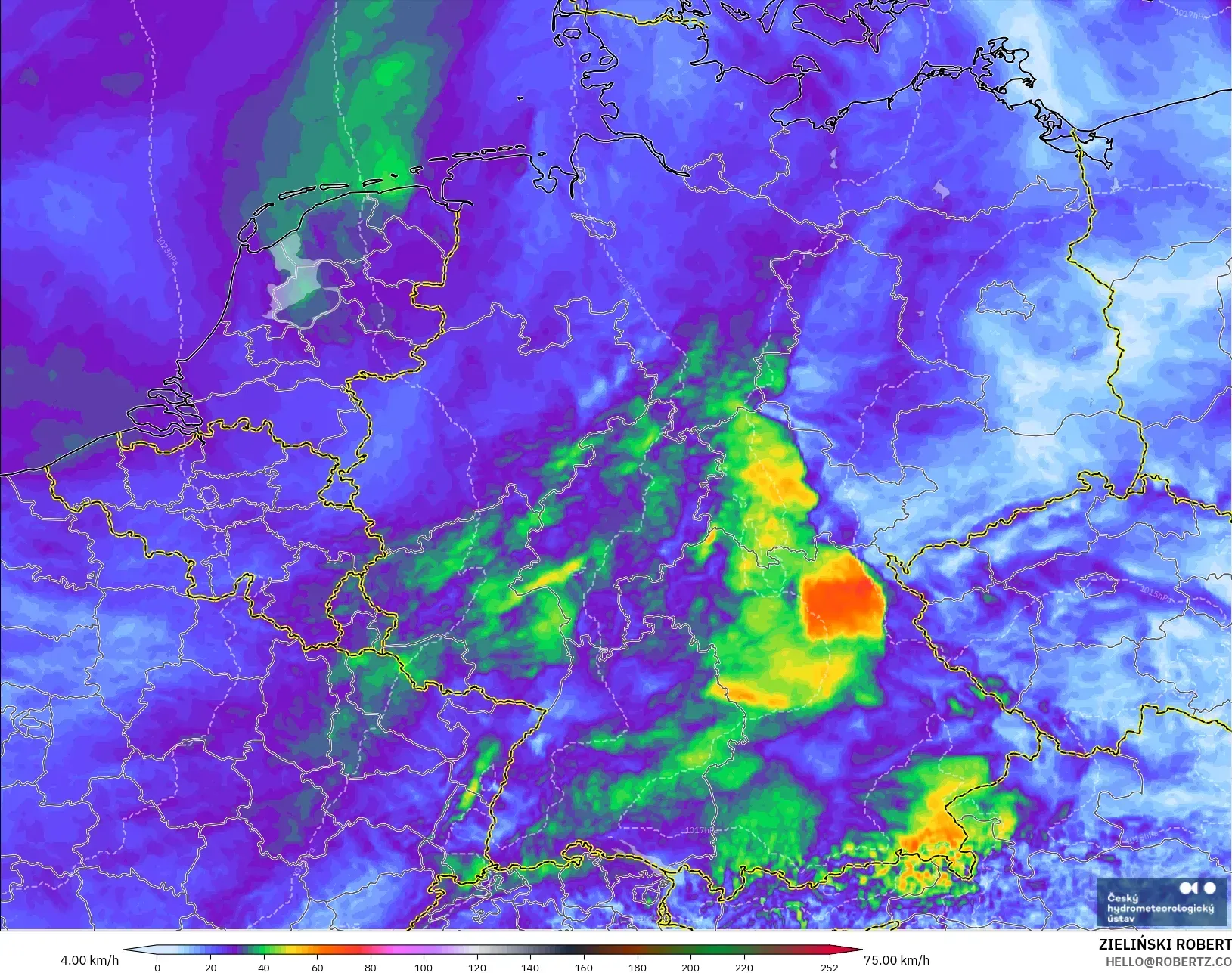 ALADIN CZ 2.3 km modelo - Alemania, Ráfagas de Viento Máximas