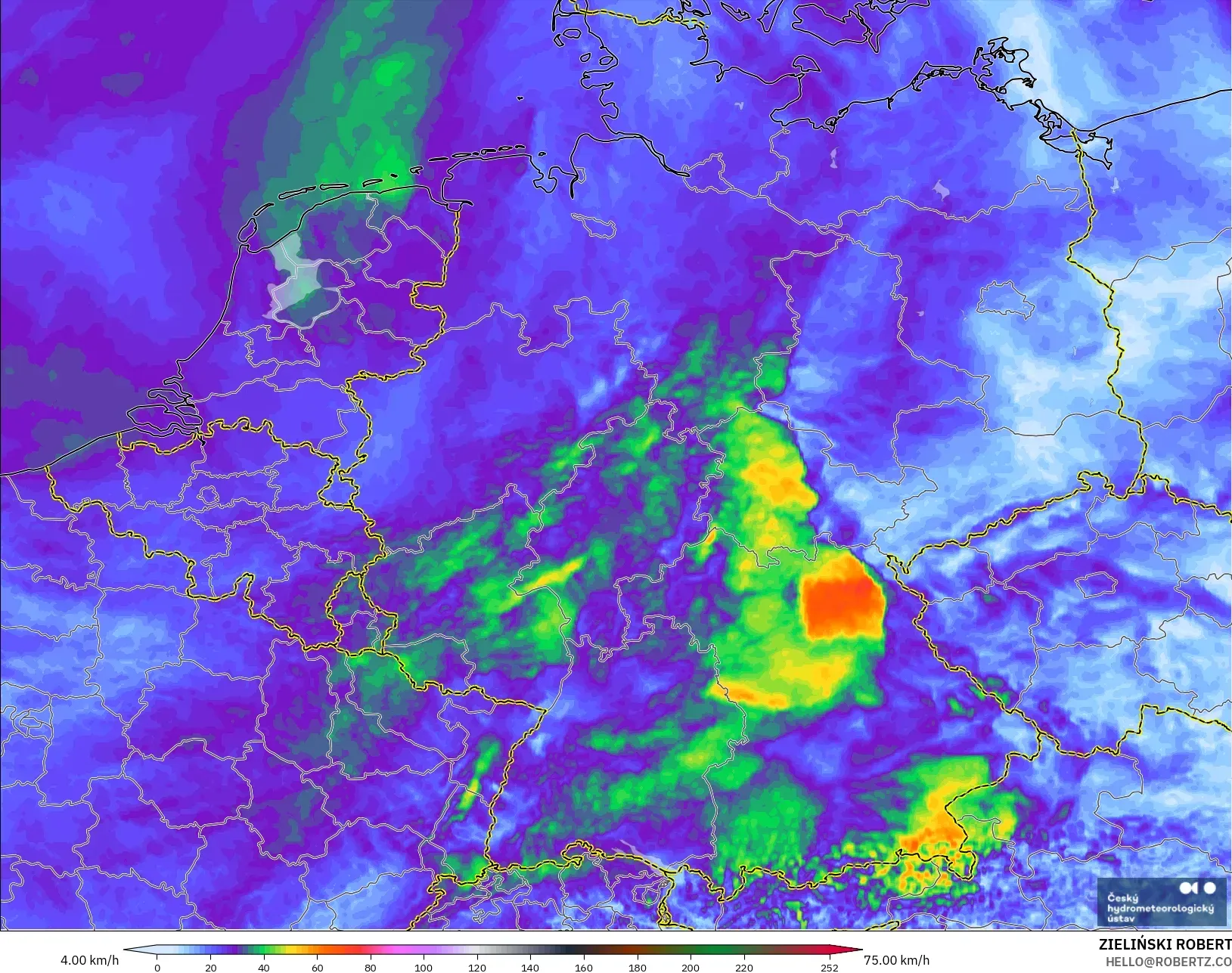 ALADIN CZ 2.3 km modelo - Alemania, Ráfagas de viento